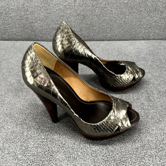 BCBG Maxazria Heels womens 5.5B Snake‎ Skin Metalic Peep Toe Pumps 4" - Picture 2 of 14